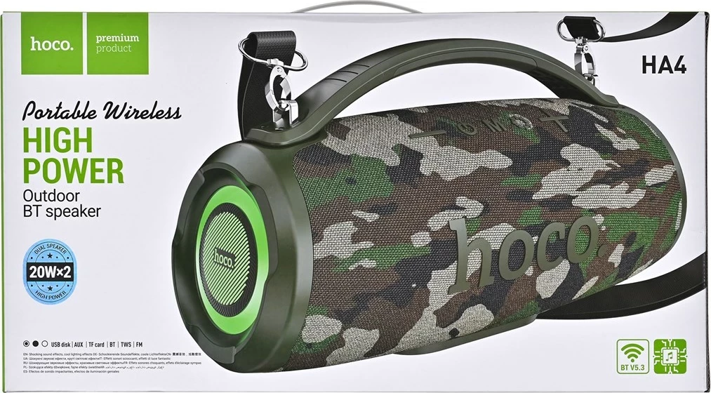 Altoparlant portativ HOCO HA4, Bluetooth/ FM/ TF/ USB/ AUX, 2 x 20W, kamuflazh jeshil