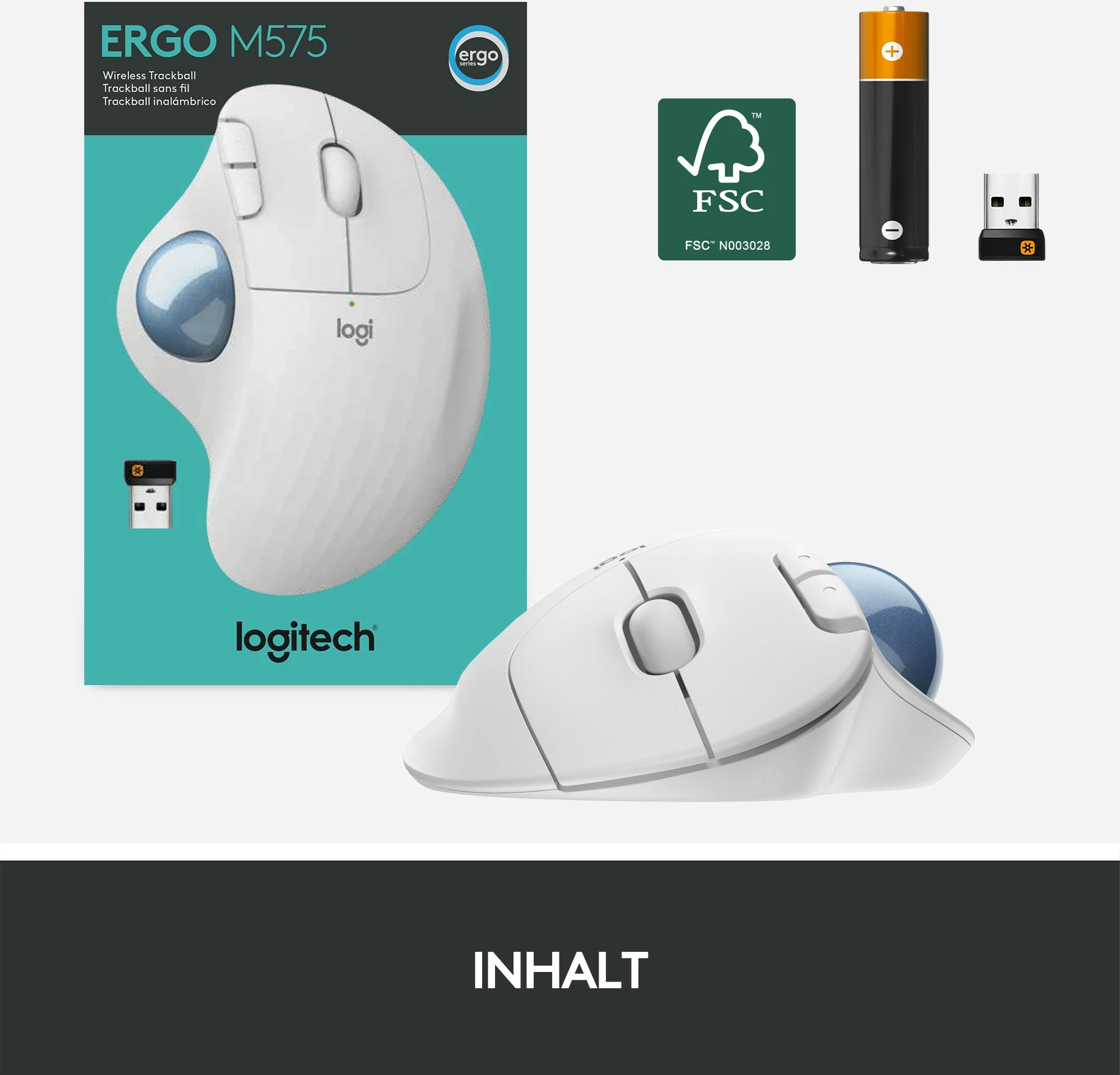 Maus Logitech M575 ERGO wireless trackball, i bardhë