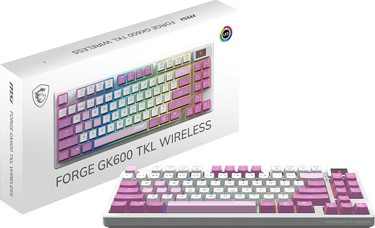Tastierë mekanike MSI Forge GK600 TKL Wireless, RGB, USB-C/2.4GHz/Bluetooth, Kailh Low-Profile White, Pink/Violet/White