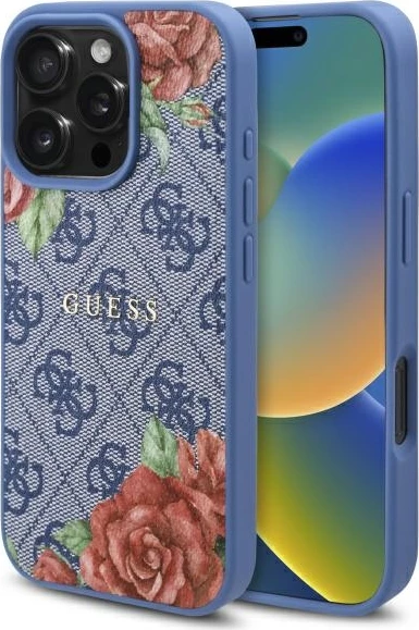 Mbështjellës Guess 4G Flowers Print MagSafe për iPhone 16 Pro, Kaltër