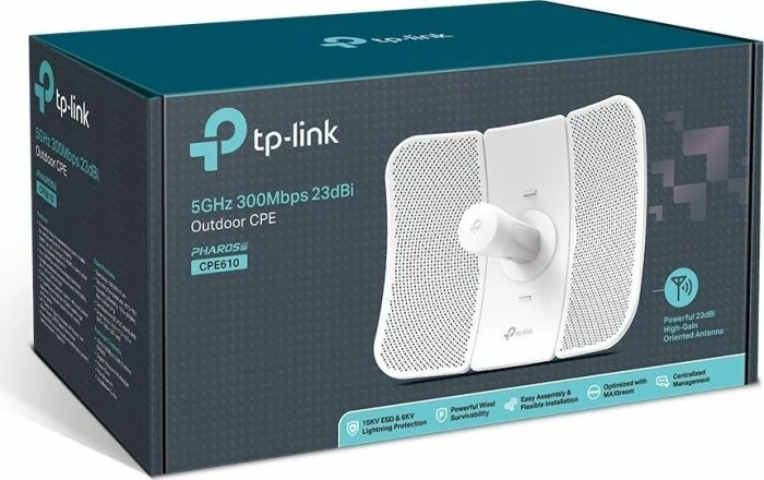 Access Point outdoor directional TP-LINK CPE610 5GHz 300Mbps 23dBi, e bardhë, me 24V Passive PoE adapter