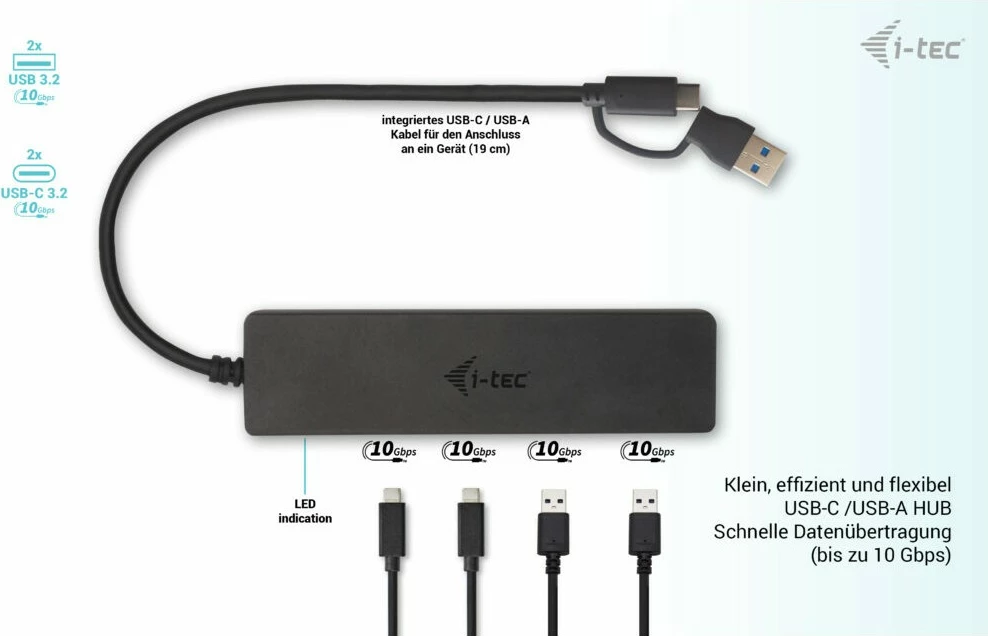 USB HUB I-Tec Metal, 4 porta (2x USB 3.0 + 2x USB-C), 10 Gbps, i zi