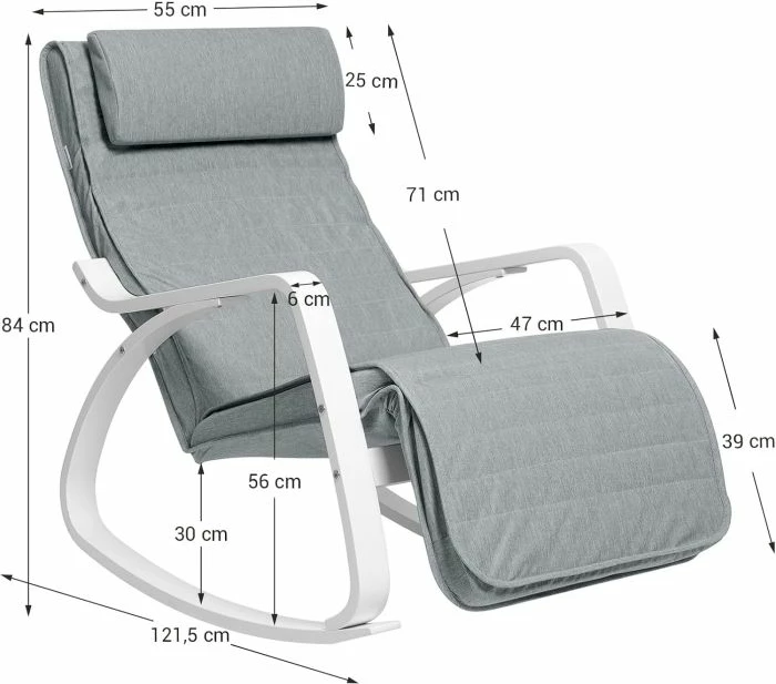 karrige lëkundëse SONGMICS LYY10G, dru thupre, mbështetëse këmbësh e rregullueshme 5 nivele, 150 kg, 67 x 115 x 91 cm, gri e çelët/e bardhë, 1 copë