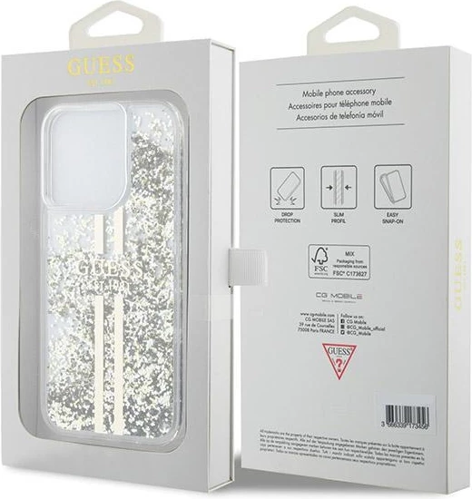 Mbështjellës Guess Liquid Glitter Gold Stripes për iPhone 15 Pro, Transparent