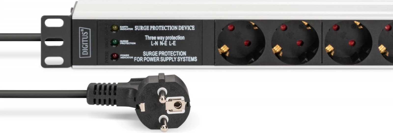 Shirit prizash PDU rack Digitus DN-95441 19\" 1U, 7x Schuko, kabllo 2m, 16A, mbrojtje nga rritjet e tensionit + filtër EMI/RFI, zi/argjendt