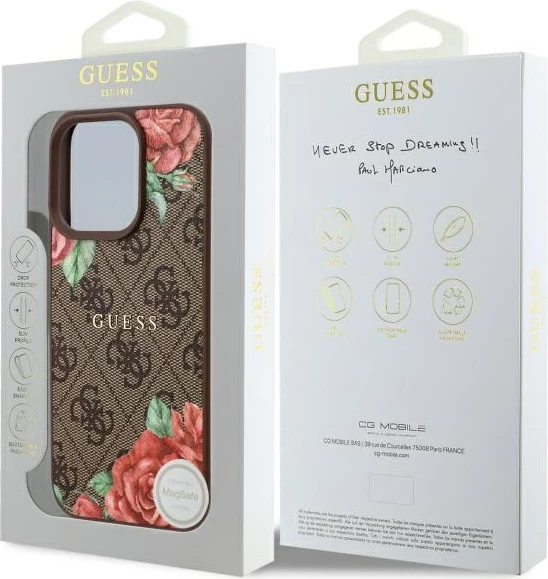 Mbështjellës Guess GUHMP16XP4ROPEMCW për iPhone 16 Pro Max 6.9", hardcase, 4G Flowers Print, MagSafe, Kafe