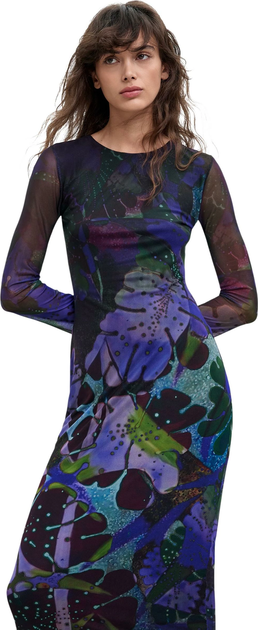 Fustan i gjatë Desigual VEST_LEAFS_LACROIX 26WWVK01 për femra, vjollcë [Madhësia: M]
