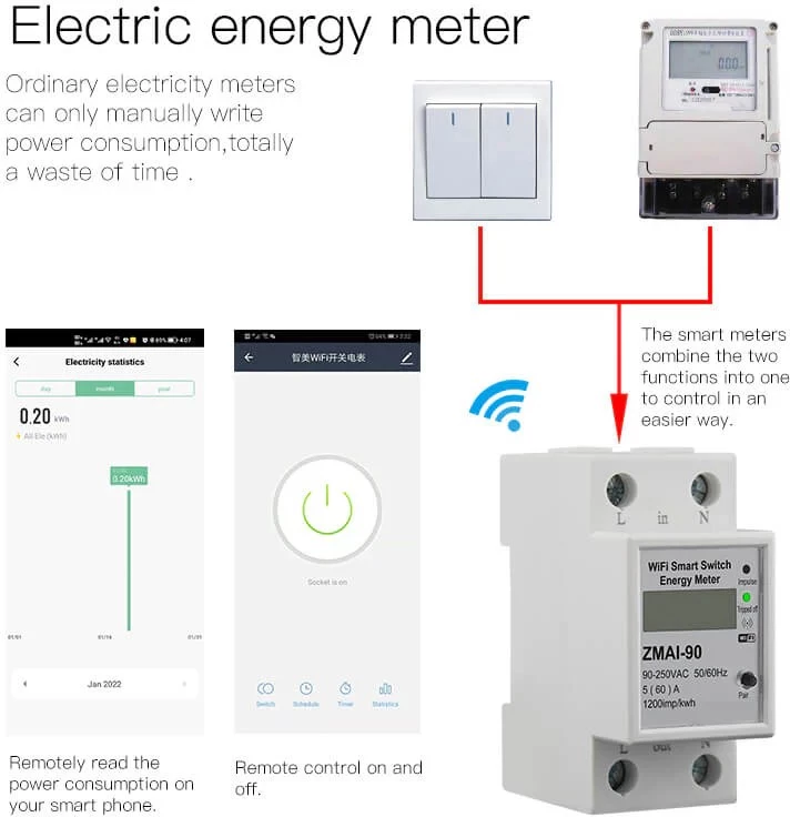Smart WiFi 0-63A me Matje kWh, Volt &amp; Amper–Timer 24H