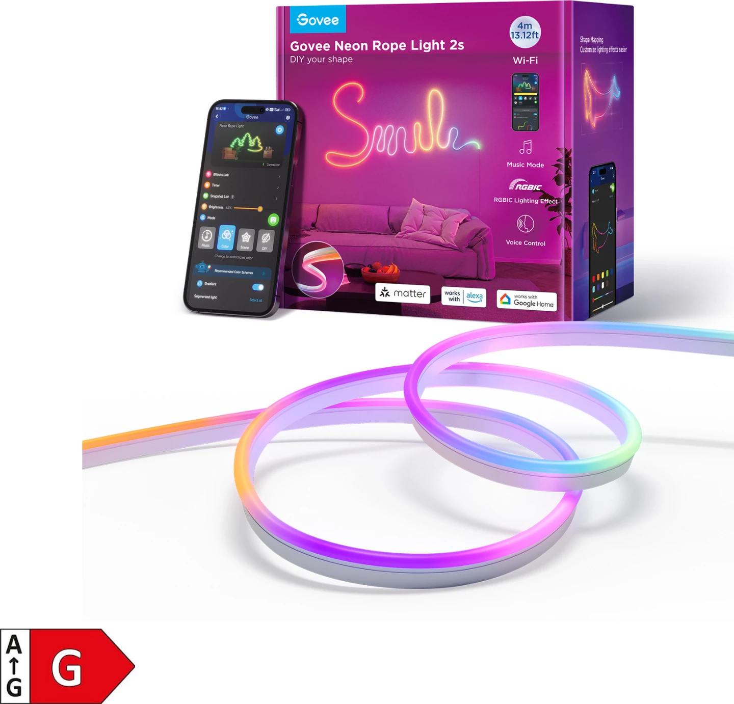 Shirit LED neon Govee Neon Rope Light 2S H61D4-W 4m RGBIC Bluetooth, i bardhë