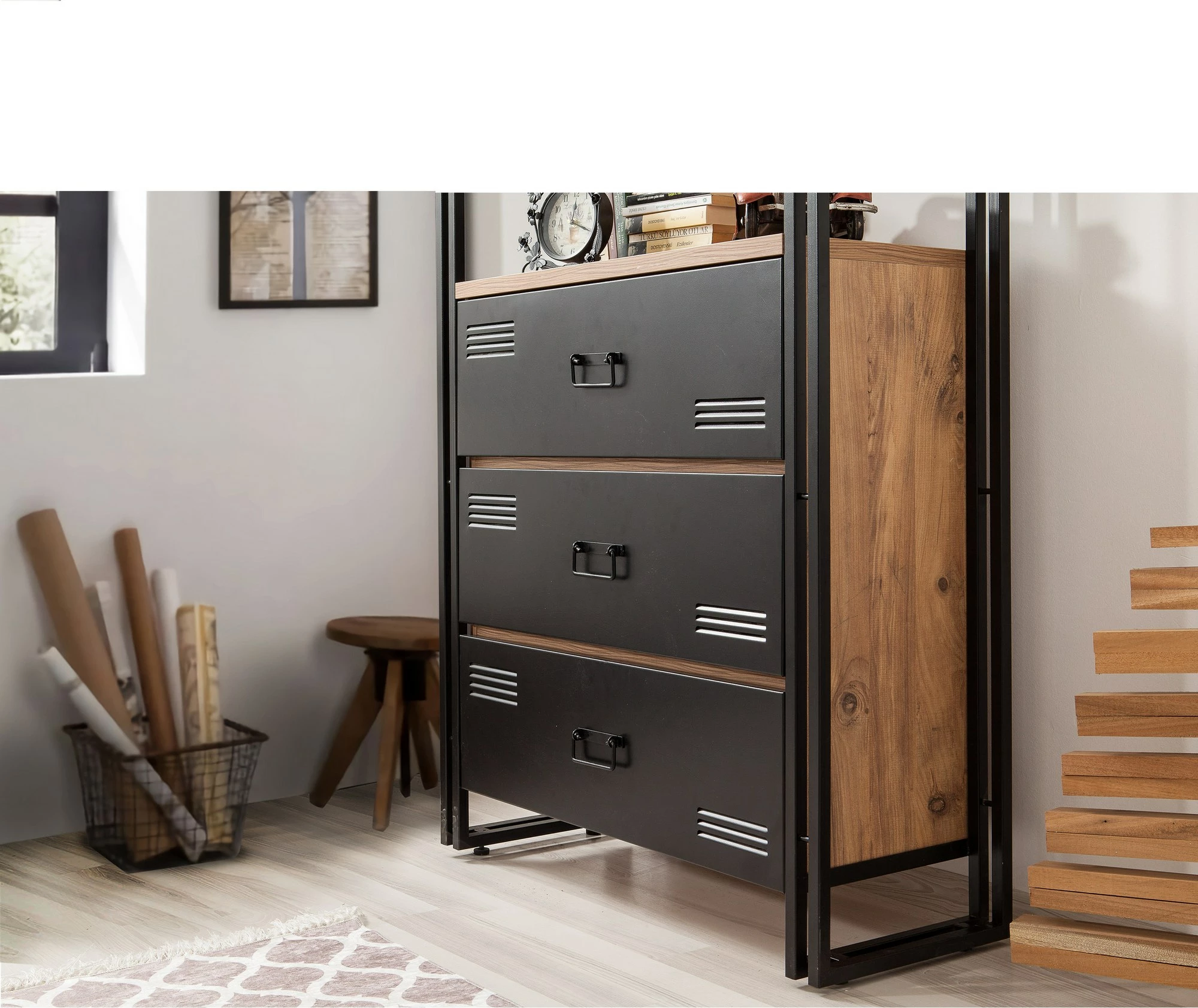 Set mobiljesh për dhomë studimi, Hanah Home, COSMO-TKM.10, ngjyrë Atlantic Pine dhe e zezë