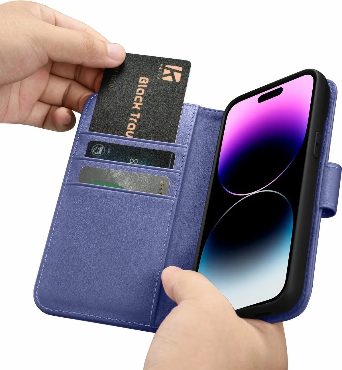 Mbështjellës iCarer Wallet Case 2in1 për iPhone 14 Pro, lëkurë natyrale, Anti-RFID, Vjollcë e çelur