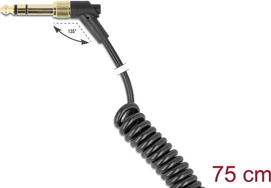 Kabllo audio stereo DeLOCK 85777, 3.5mm mashkull-në-mashkull, 0.75 m, spirale, konektorë këndorë, e zezë