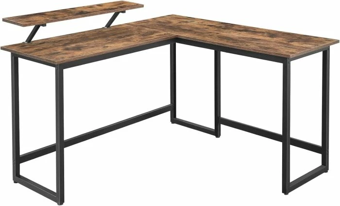 Tavolinë kompjuteri këndore L-shape VASAGLE/SONGMICS ALINRU LWD56X, 140×130 cm, me raft monitori, kafe rustike/zezë