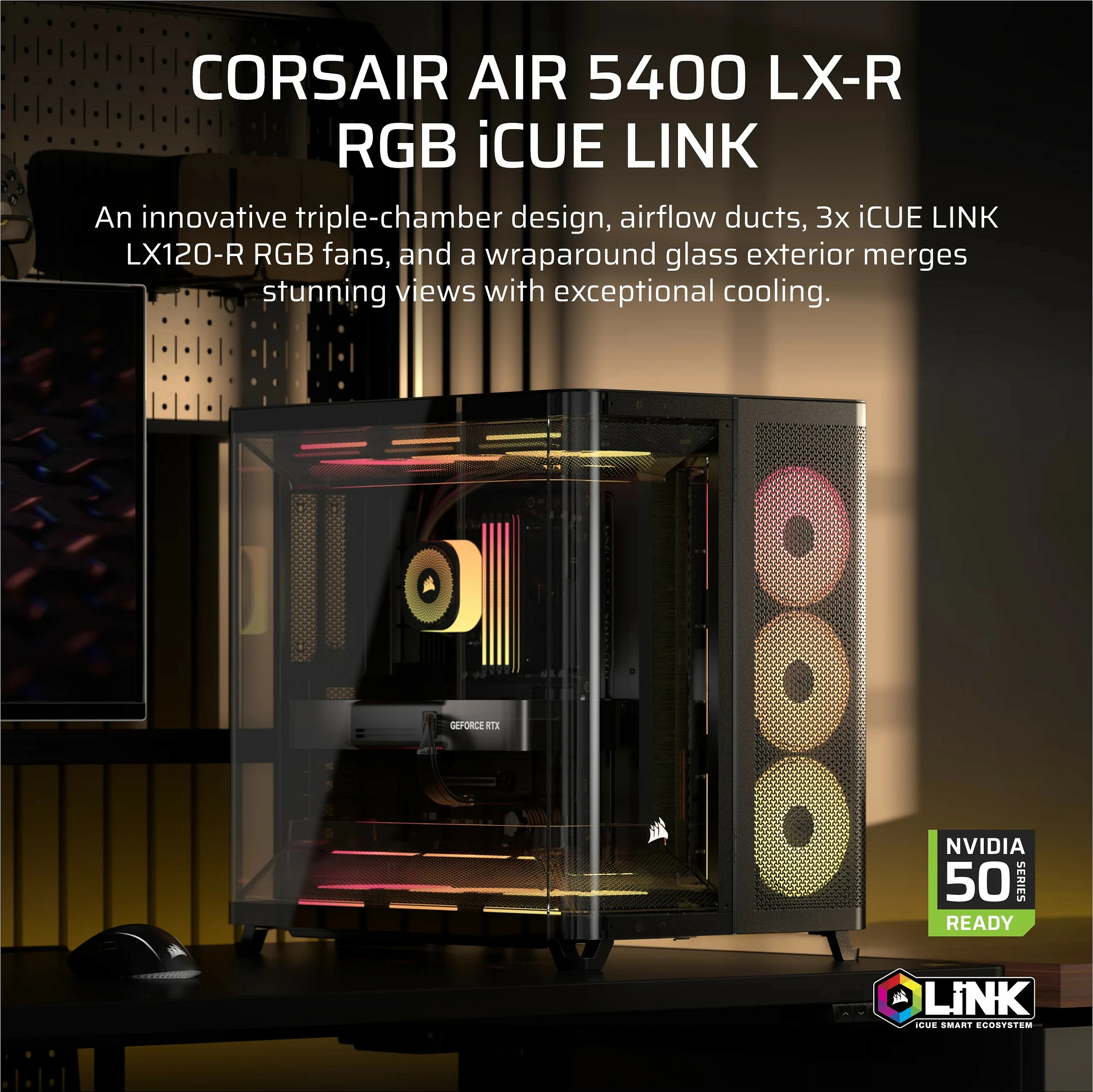 Kasë Corsair Air 5400 LX-R RGB iCUE LINK, Midi Tower ATX, xham i kalitur, 3x120mm, e zezë