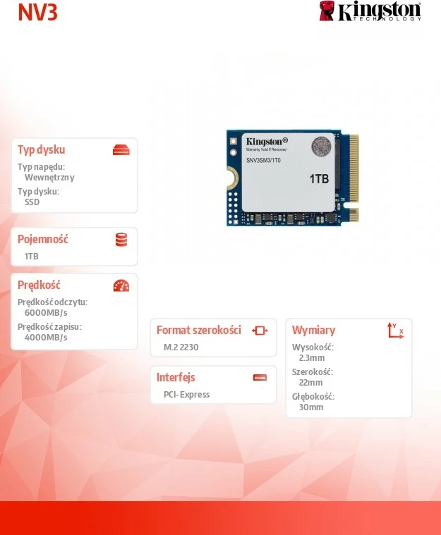 Kasë SSD Kingston NV3, 1TB, M.2 2230, PCIe 4.0 NVMe
