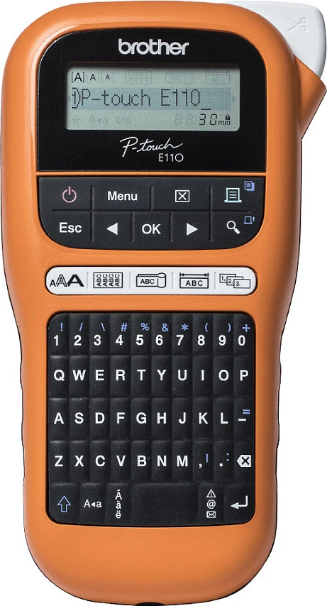 Printer etiketa Brother PT-E110, QWERTY, 180x180 DPI, portokalli