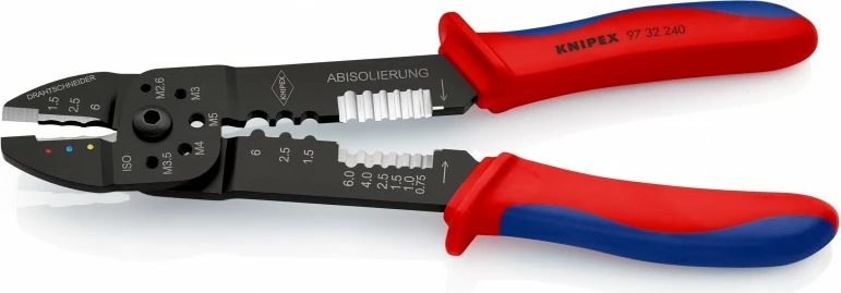 Vegël krimpimi Knipex 97 32 240, çelik, dorezë plastike, zi/blu/kuqe