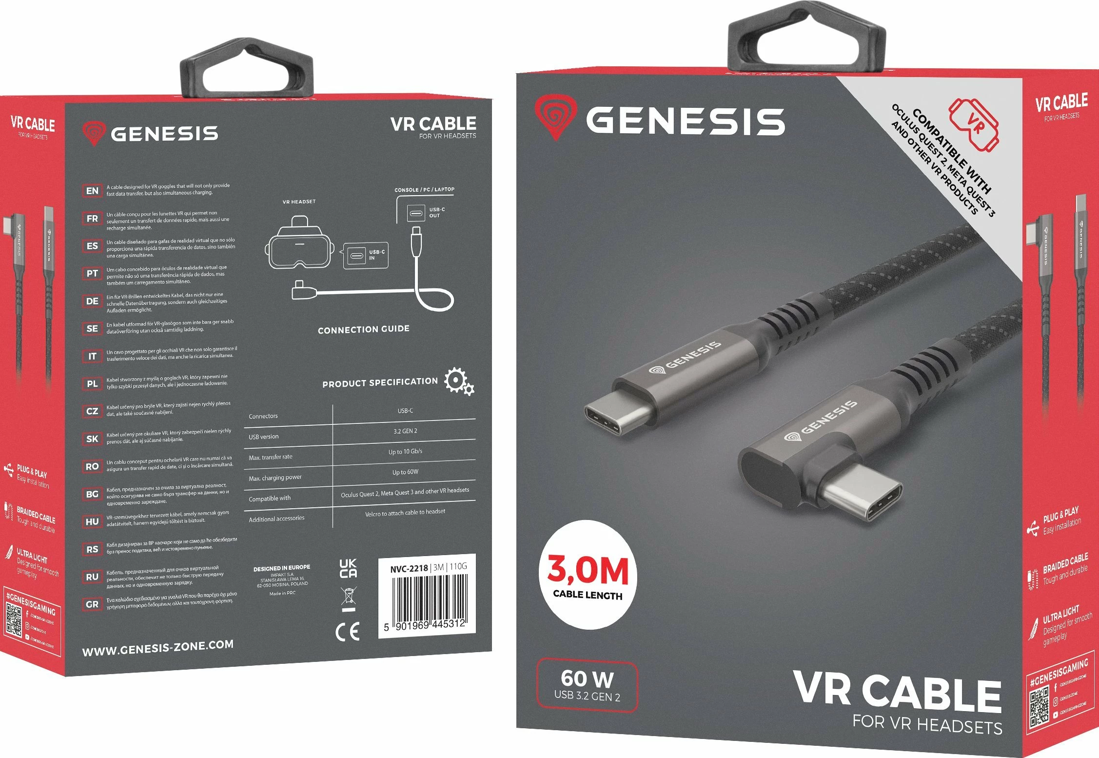 Kabëll USB-C GENESIS NVC-2218, 3 m, USB 3.2 Gen 2, 60W, 10 Gb/s, prizë këndore, me 2 shirita Velcro, zi