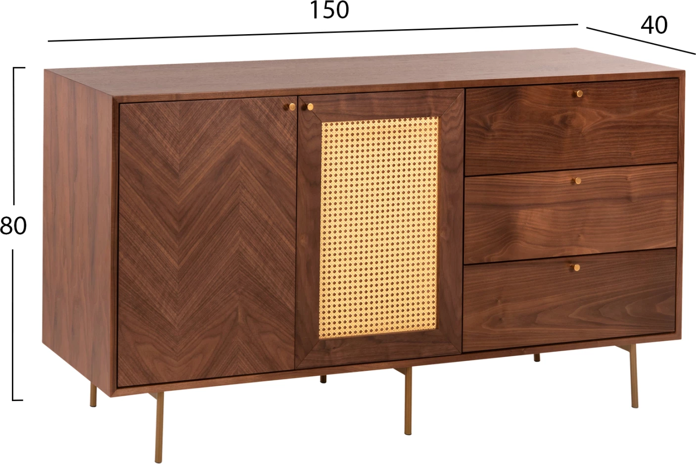 Bufet MEEN, FH9735, MDF, me furnir arre natyrale, këmbë metali të arta, 150x40x80H cm