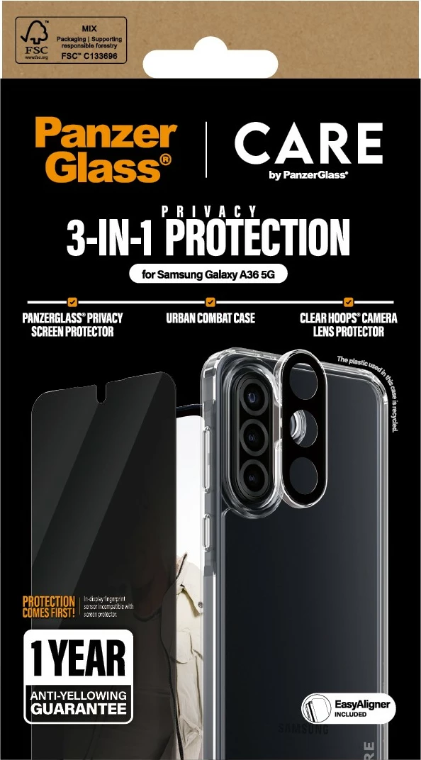 Mbështjellës PanzerGlass CARE Flagship 3-in-1 për Samsung Galaxy A36 5G, transparent