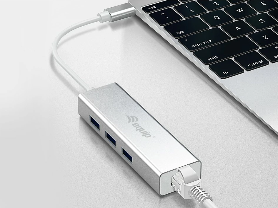 USB-C hub Equip 133481, 3 porte USB 3.0, Gigabit Ethernet, alumini, silver