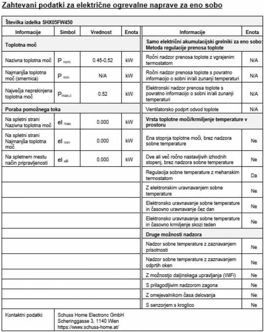 Ngrohës kundër ngricës SHE SHX05FW450 450-520W me montim në mur, i bardhë