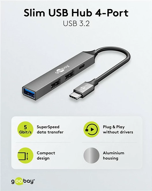 USB hub Goobay Slim, 4 porta, USB-C në USB-C/USB-A, 5 Gbit/s, gri