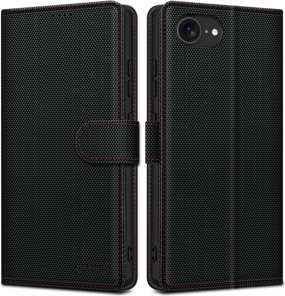 Mbështjellës Tech-Protect Wallet RS për iPhone 16e, eko-lëkurë, e zezë/kuqe
