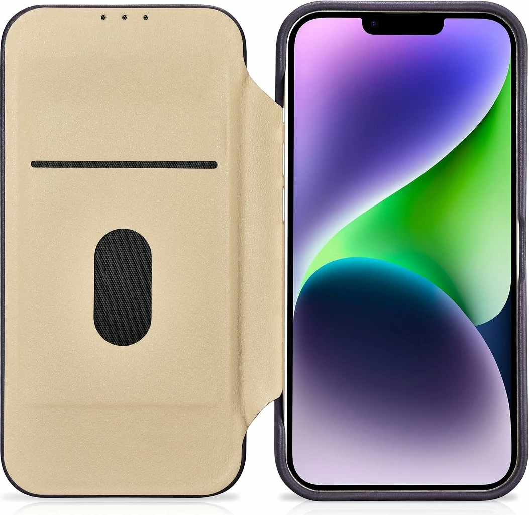 Mbështjellës iCarer CE Premium lëkurë, për iPhone 14 Plus, MagSafe, vjollcë e errët