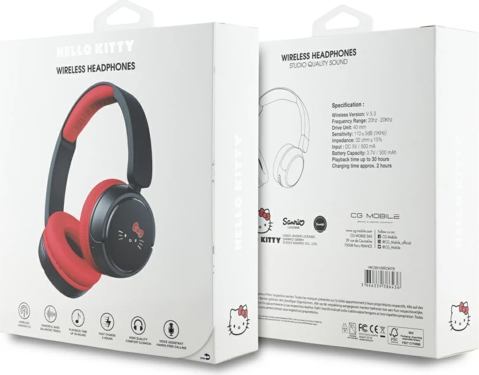 Kufje Bluetooth Hello Kitty Face Logo, on-ear, 30 orë, USB-C, Kuqe
