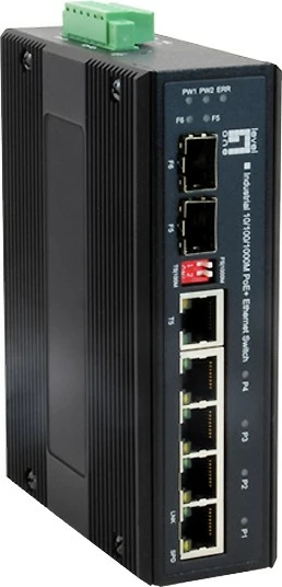 Switch industrial LevelOne 6-Port Gigabit PoE, 802.3at/af, 4 PoE dalje, 1 x SFP, 1 x SFP/RJ45 Combo, DIN-Rail, -40°C deri 75°C, 126W, përforcues tensioni, Gigabit Ethernet, Full duplex, PoE, i montueshëm në mur