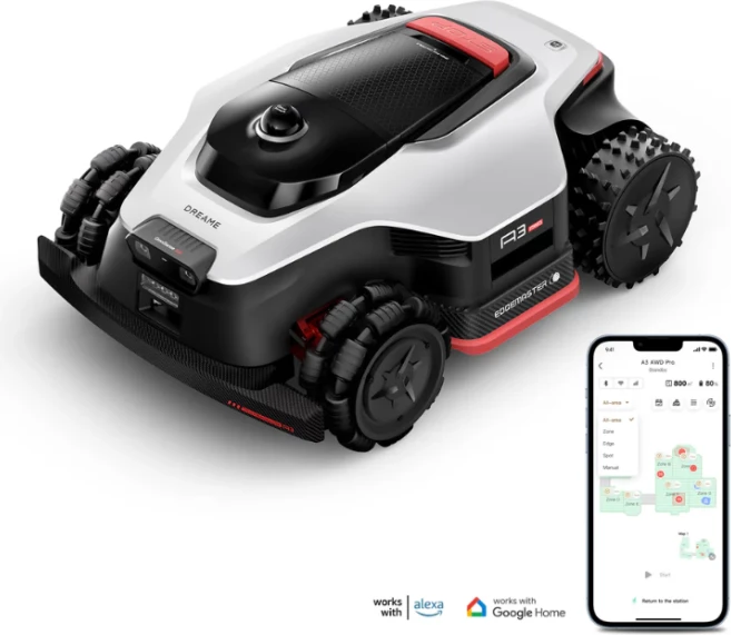 Robot kositës bari Dreame A3 AWD Pro 3500, deri 3500 m², AWD 4x4, 360° 3D LiDAR + kamerë AI, gjerësi prerjeje 40 cm, lartësi 3–10 cm, zi/argjend