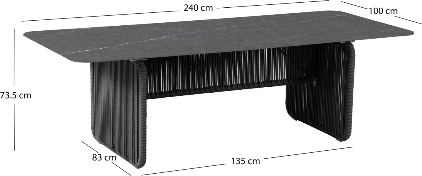 Tavolinë ngrënieje për jashtë, alumini, sipërfaqe gur sintetik, ngjyrë qymyr, litar P.E., 240x100x73.5cm, ETHEREAL CD6167.02