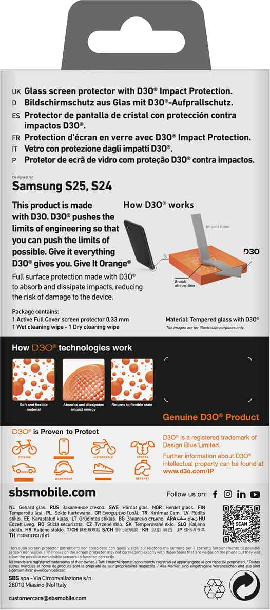 Xham i temperuar SBS Tempered Glass D3O me kornizë, për Samsung Galaxy S25 / S24