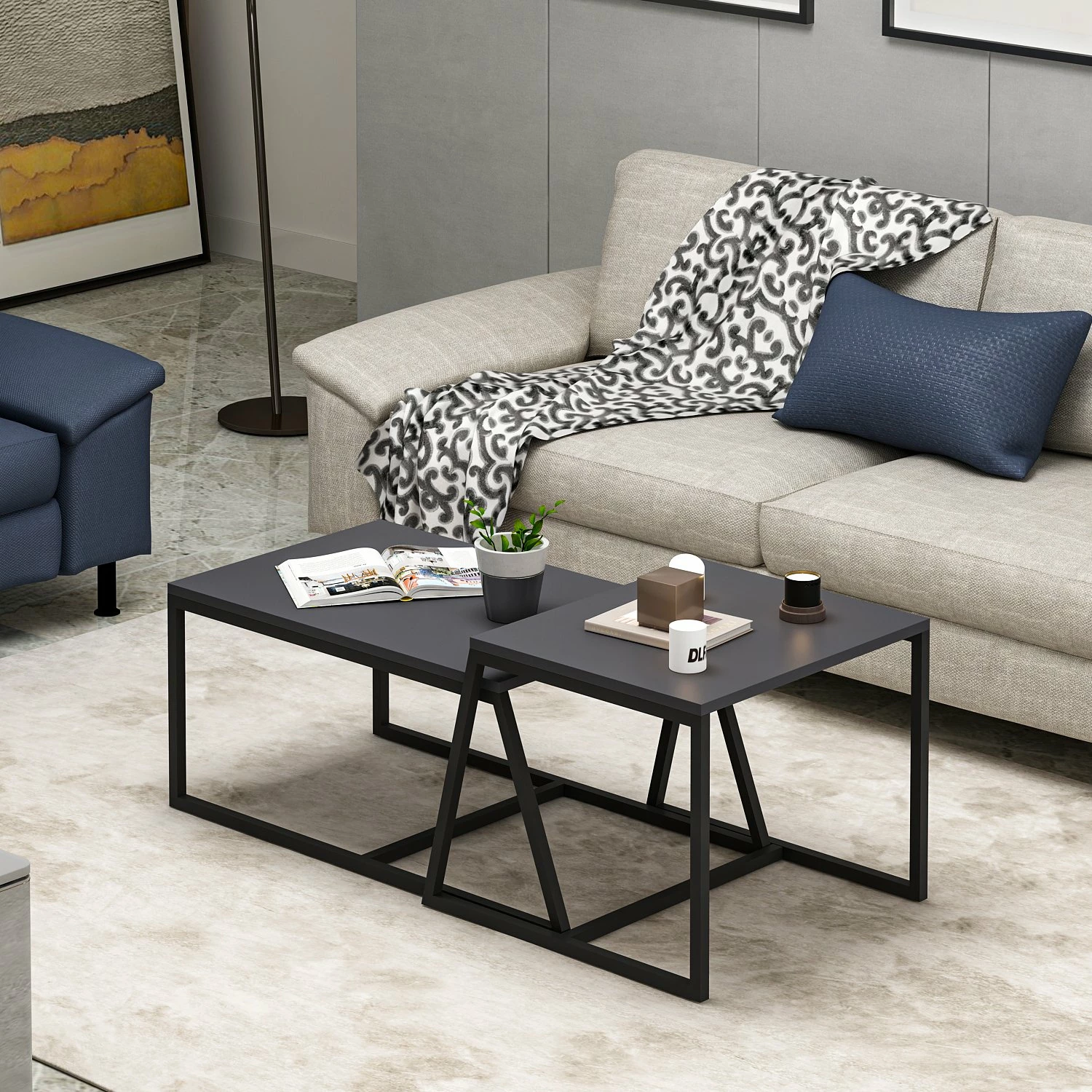 Set tavolinash kafeje Hanah Home, minimal, ngjyrë antracit