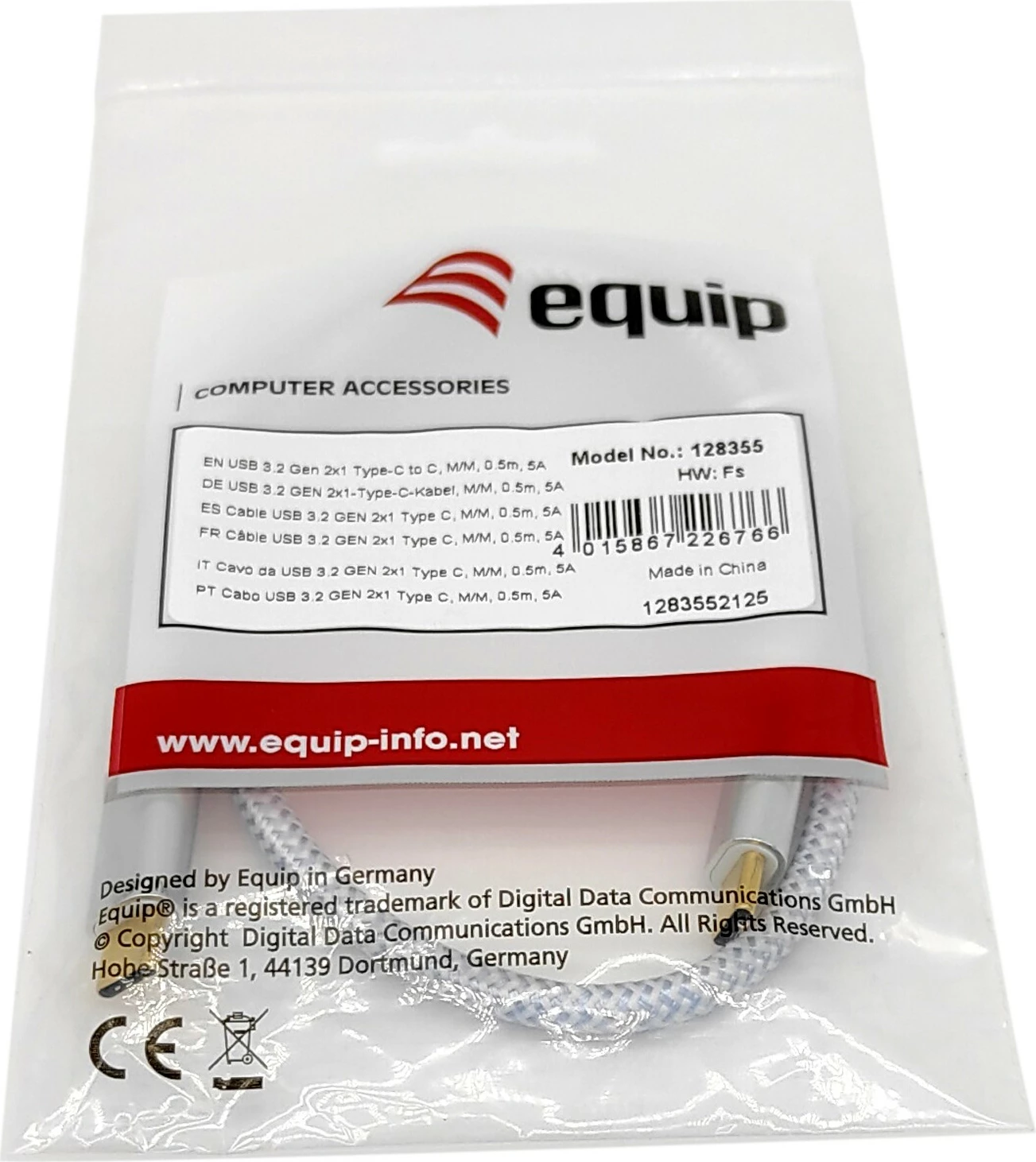 Kabëll USB C në USB C Equip USB 3.2 Gen 2, 1m, 100W, argjendtë/bardhë