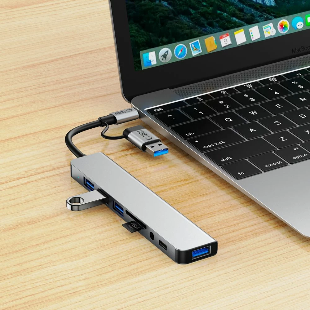 HUB adapter Tech-Protect HB06 8-në-1, Type-C + USB2.0 + USB3.0 + SD/TF + AV3.5, Gri