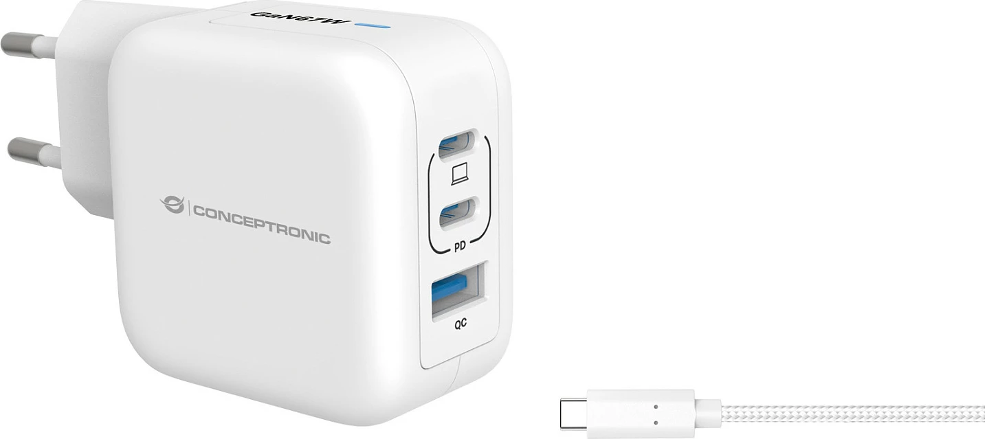 Karikues muri Conceptronic 67W GaN, 2x USB-C PD + 1x USB-A QC, me kabllo USB-C 1.5 m, i bardhë