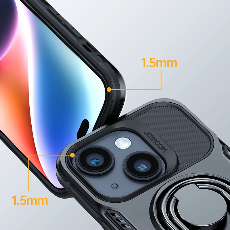 Mbështjellës Joyroom Dual Hinge për iPhone 14, me mbajtëse dhe ring holder, zi