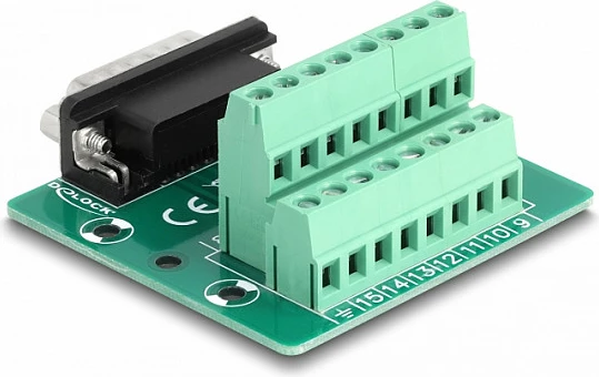 Adapter D-Sub 15-pin DeLOCK në terminal bllok për shinë DIN, i gjelbër