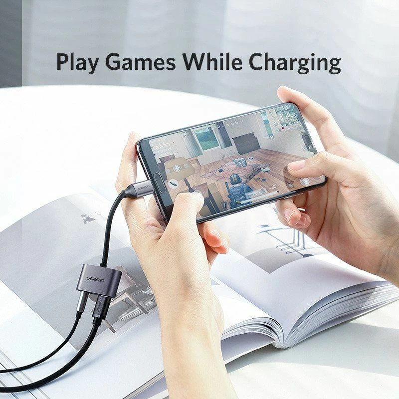 Adapter Ugreen CM193 USB-C në Jack 3.5mm + USB-C, 10 cm, 1.5 A, argjendtë (50596)