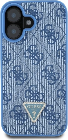 Mbështjellës Guess për iPhone 16, lëkurë, logo metalike, rrip, Blu