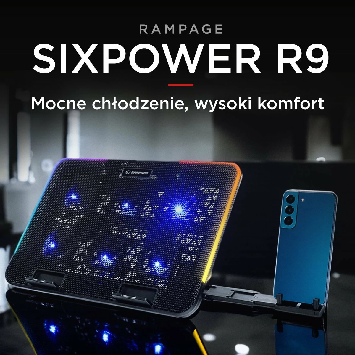 Stendë ftohëse laptopi Rampage Sixpower R9 15.6\", RGB, e rregullueshme, 2x USB 2.0, e zezë