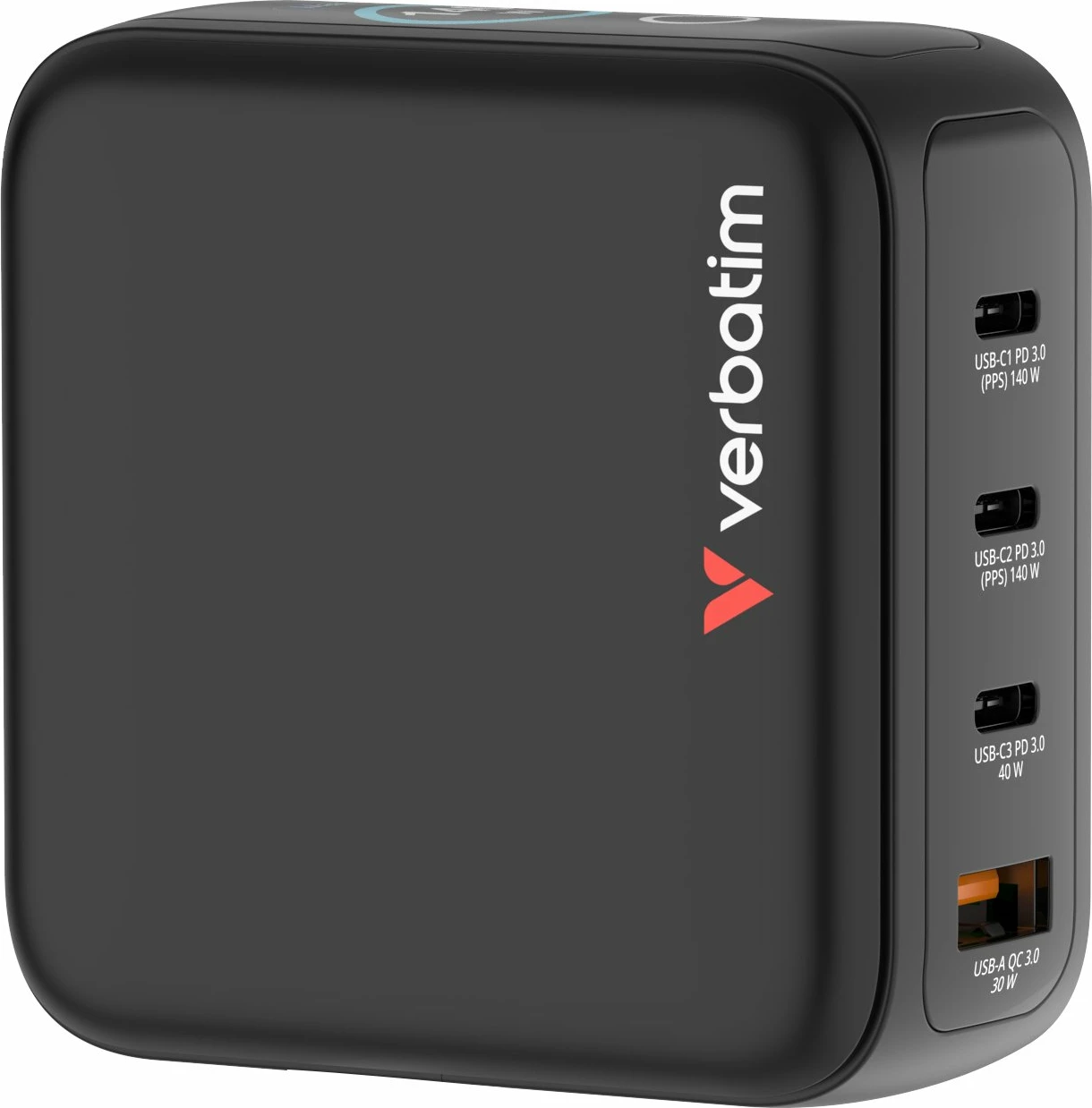 Karikues GaN Verbatim Mini 140W (30240) 3xUSB-C PD/1xUSB-A QC me ekran touch TFT, me priza ndërrueshme EU/UK/USA, i zi