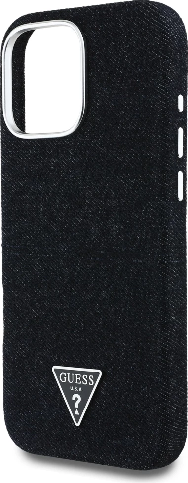 Mbështjellës Guess Denim Triangle Logo MagSafe për iPhone 16 Pro Max, Zi