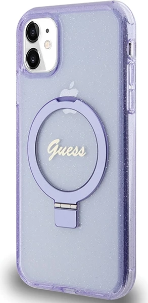 Mbështjellës Guess Ring Stand Script Glitter MagSafe për iPhone 11/XR, vjollcë