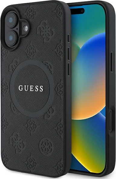 Mbështjellës Guess Saffiano Peony Classic Logo MagSafe për iPhone 16, i zi