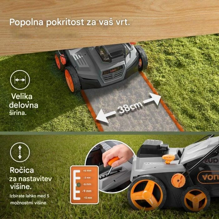 Aerator & vertikuter pa tela 2-në-1 VonHaus 3519009, 40 V (2x20V 4Ah), 38 cm, qese 45 L, set me 2 bateri + karikues dual + 2 tambura, gri/zi me detaje portokalli