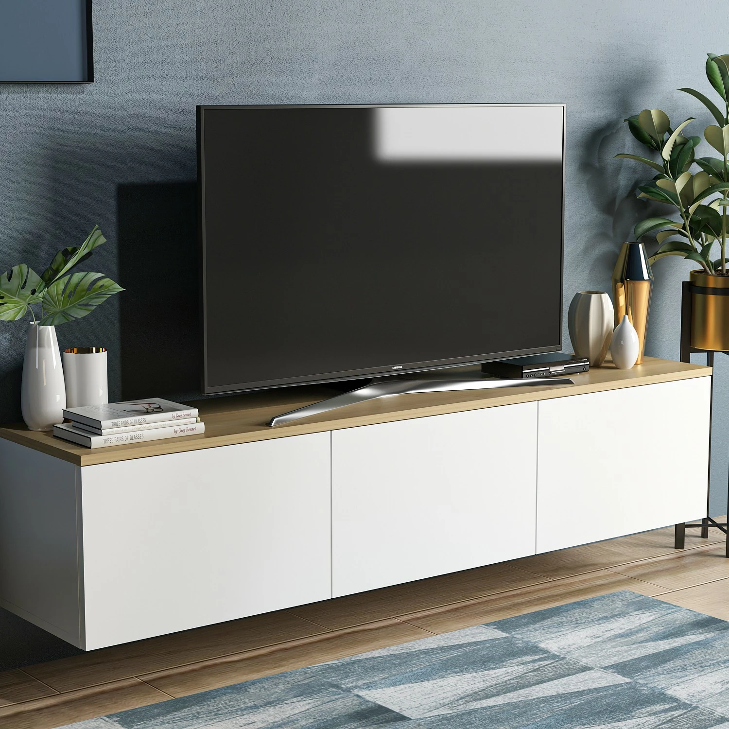 Komodë TV Skye Decor, ngjyrë neon e bardhë dhe lis
