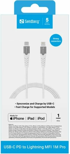 Kabllo USB-C PD në Lightning MFI Sandberg 136-25 PRO 1m, bardhë/gri